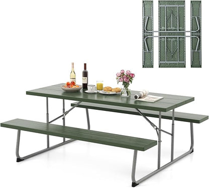 Giantex Folding Picnic Table - 6 FT Outdoor Table Bench Set for 8 Persons w/All-Weather HDPE Tabletop, Metal Leg, Umbrella Hole, Large Outside Dining Table for Patio Garden Yard Poolside (Green)