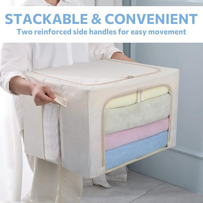 CYhom 3Pack Frame Storage Box - Clothes Storage Bin Bags Oxford Fabric Foldable Stackable Container Organizer Set with Clear Window & Carry Handles Large Capacity (Beige, Large-66L)