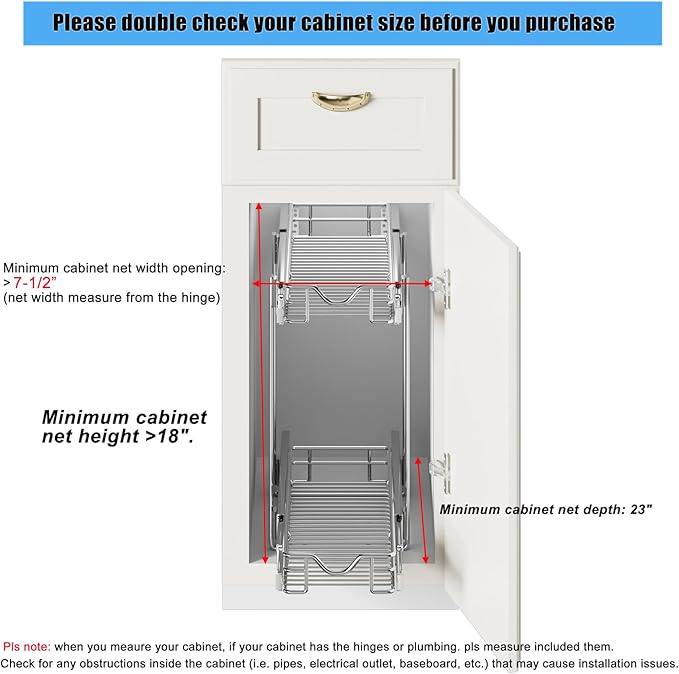 DINDON Pull Out Cabinet Organizer (7-1/2" W x 21-1/2"D), Cabinet Pull Out Shelves, 2 Tier Pull Out Drawers for Kitchen Cabinets, Wire Basket Slide Out Shelf for Cabinet Organization