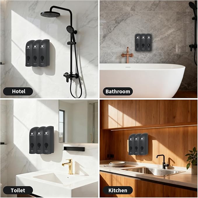 Shampoo Conditioner Body Wash Dispenser, Wall-Mounted Bathroom Soap Dispenser Set of 3 (Black), Refillable Shower Soap Shampoo Dispenser for Bathroom,Kitchen,Hotel and Airbnb