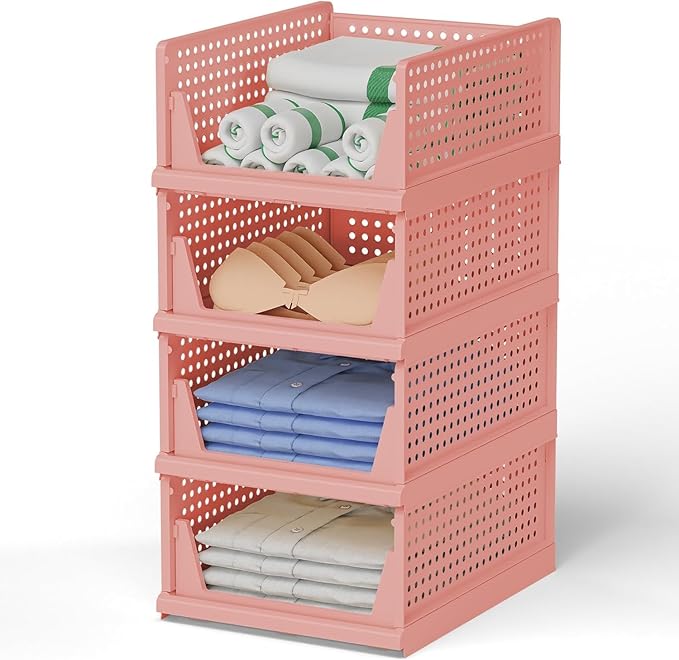 Clothes Organizer for Wardrobe - Foldable and Stackable Closet Cupboard Almirah Space Organiser for Shirt, T Shirt, Jeans (Pack of 2, Pink)