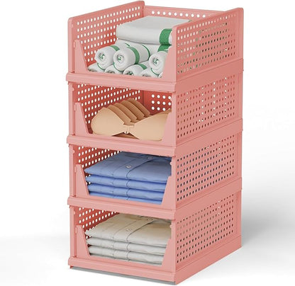 Clothes Organizer for Wardrobe - Foldable and Stackable Closet Cupboard Almirah Space Organiser for Shirt, T Shirt, Jeans (Pack of 2, Pink)