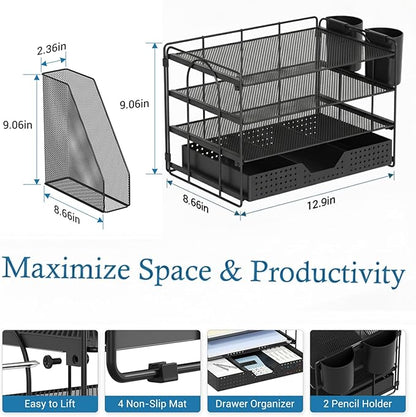 ECOLOVI Desk Organizer, 4-Tier Paper Organizer Letter Tray with File Holder, Drawer and 2 Pen Holders, Desktop File Organizer for Office Supplies, Workspace Storage, Black