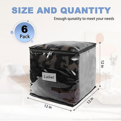 Clear Zippered Storage Bags Plastic Sweater Storage Bags with Zipper 6 Packs Clothing Organizer for Blankets Linen Sweater Bed Sheet Quilt Clothes Pillow (12 x 12 x 12 Inch, Black)