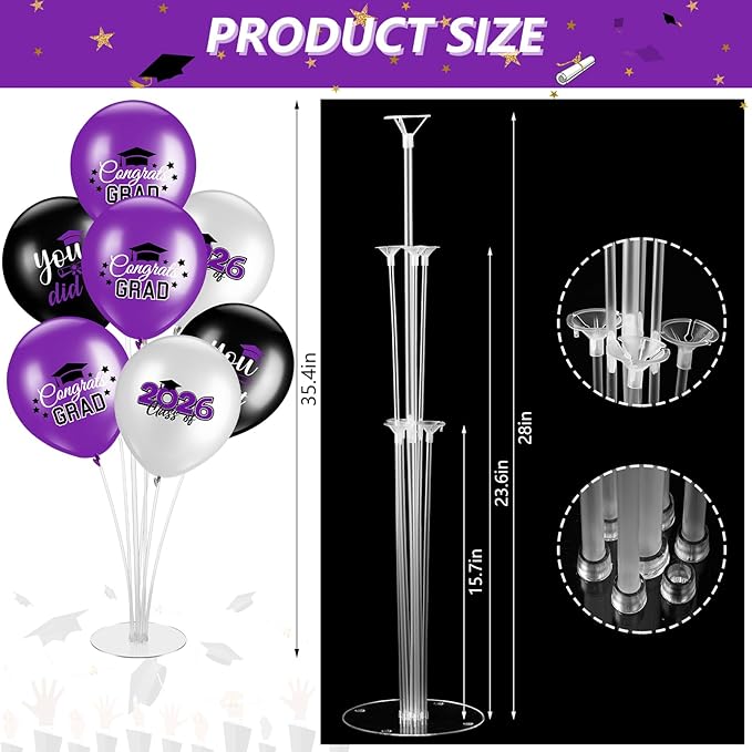 4 Set Graduation Party Balloon Stand Kits for Table Centerpieces Balloon Tables Holders with Congrats 2026 Graduation Party Decorations for School College Photo Props(Purple)