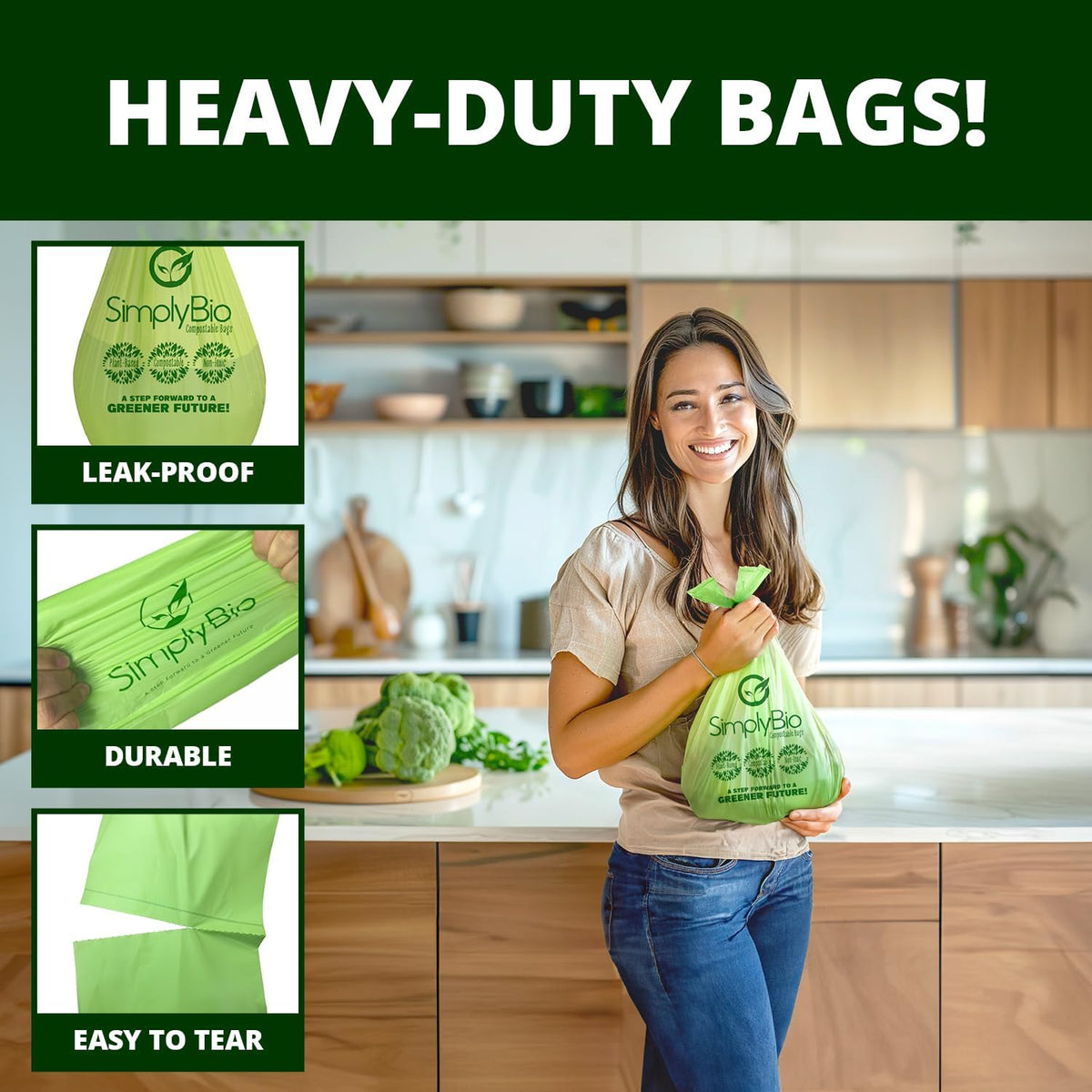 Simply Bio 3 Gallon Compostable Trash Bags Liners with Handle-Tie, Thick 0.67 Mil, 11.36 Liter, 80 Bags, Small Kitchen Food Scrap Waste Bag, ASTM D6400, US BPI and OK Compost Home Certified