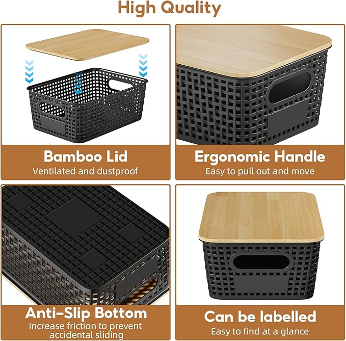 8 Pcs Plastic Storage Bins with Bamboo Lid, Stackable Storage Baskets with Lids & Labels for Organizing, Storage Bins for shelves Office Drawer Cabinet & Pantry Nursery Organization,10.2*7.2*4.1In