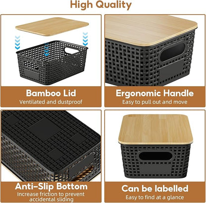 8 Pcs Plastic Storage Bins with Bamboo Lid, Stackable Storage Baskets with Lids & Labels for Organizing, Storage Bins for shelves Office Drawer Cabinet & Pantry Nursery Organization,10.2*7.2*4.1In