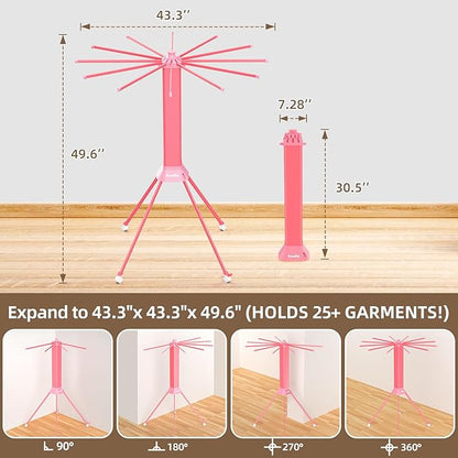 Clothes Drying Rack Foldable & Collapsible Drying Racks with 4-Leg Octopus Design, Large Capacity Space Saving Indoor Drying Rack for Bedroom,Balcony,Laundry for Indoor/Outdoor Use（Pink）
