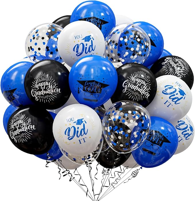 75 Pack Graduation Party Decorations Balloons Set - 12 Inch Black Blue Confetti Graduation Balloons with Ribbons for Grad Party Decoration Supplies