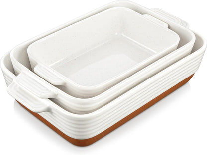 MALACASA Casserole Dishes for Oven, Ceramic Baking Dishes Set of 3, Baking Pan Casserole Dish Set, Rectangular Lasagna Pan Deep with Handles for Baking, Khaki White (14.5''/13''/10.5''), Series TARA