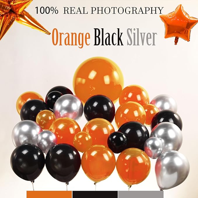 Black orange and silver Balloon Garland Arch Kit 130Pcs with orange and Silver Stars Graduation Certificate Graduation Cap crown GRAD Letters Mylar Balloons for 2025 GRAD Prom Decorations
