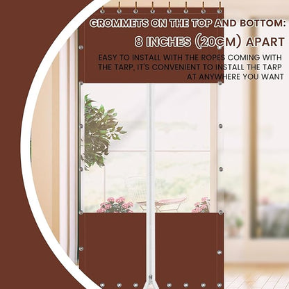 20 Oz Outdoor Vinyl Curtain with Double Sided Zip, Outdoor Clear Panel Curtain, Weather Resistant Outdoor Curtain for Pergola, Porch, Gazebos, with Rustproof Grommets (10'H x 10'W, Brown)