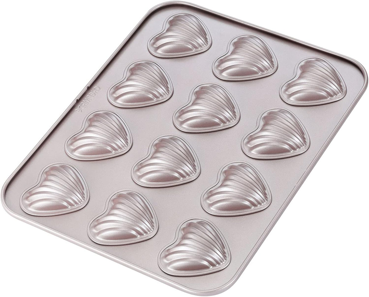 Chefmade Madeleine Mold Cake Pan, 12-Cavity Non-Stick Heart-shaped Shello Madeline Bakeware for Oven Baking (Champagne Gold)