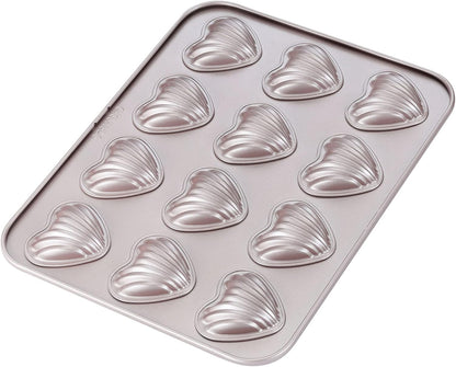 Chefmade Madeleine Mold Cake Pan, 12-Cavity Non-Stick Heart-shaped Shello Madeline Bakeware for Oven Baking (Champagne Gold)