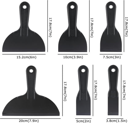 6 Pack Plastic Putty Knife, Durable Plastic Scraper Tool with No-Slip Grip for Spackle, Spreader, Non Scratch and Easy Cleaning Spackle Knife, Putty Knife Set, Black
