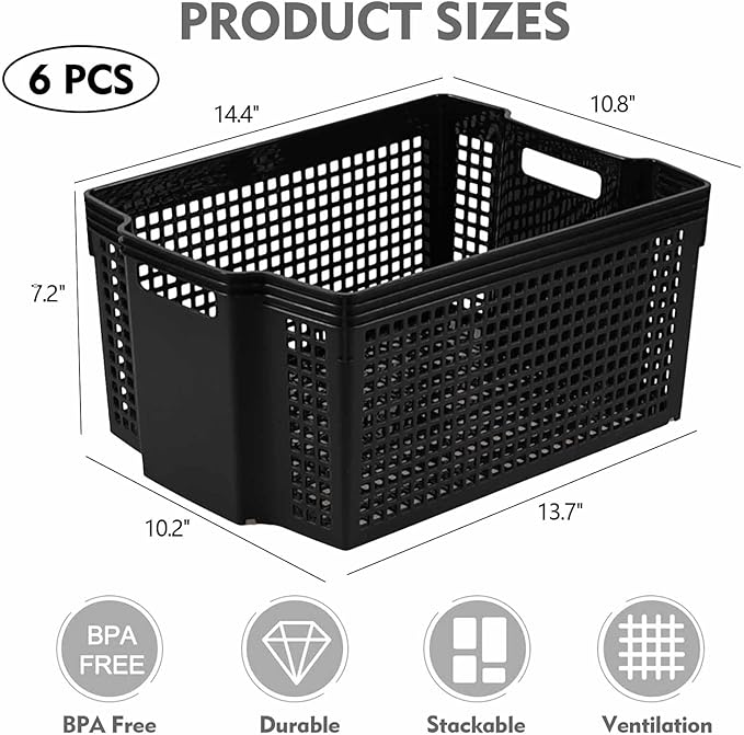 Obstnny Deep Stacking Storage Baskets, 6-Pack Plastic Stackable Laundry Organizing Basket Bin, Black