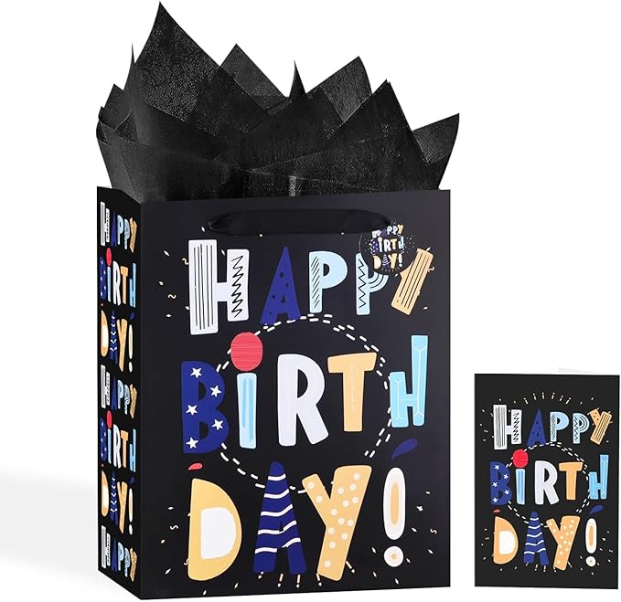 13" Black Happy Birthday Bag with Tissue Paper and Greeting Card for Party,Happy Birthday Gift Bag for Boys, Kids, Men,Gift Bags Medium size (1 PCS Black, Gift Bag)