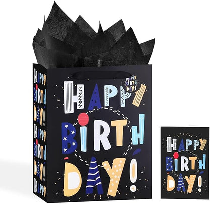 13" Black Happy Birthday Bag with Tissue Paper and Greeting Card for Party,Happy Birthday Gift Bag for Boys, Kids, Men,Gift Bags Medium size (1 PCS Black, Gift Bag)