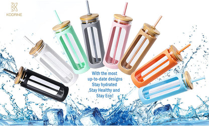 Kodrine 20oz Glass Water Tumbler with Straw and Lid, Bamboo Lids Water Bottle, Iced Coffee Cup Reusable, Wide Mouth Smoothie Cups with Protective Silicone Sleeve BPA FREE-Orange