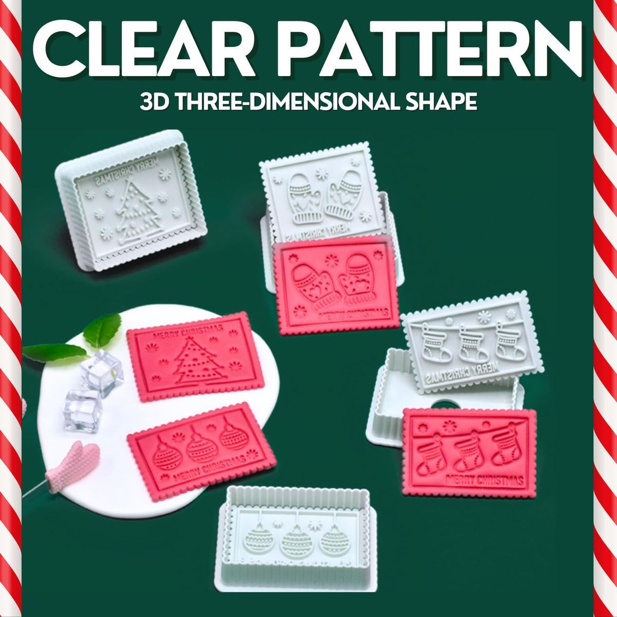 Christmas Cookie Cutters, 4-Piece 3D Merry Christmas Plastic Cookie Stamp Set, Comes with Merry Christmas in English
