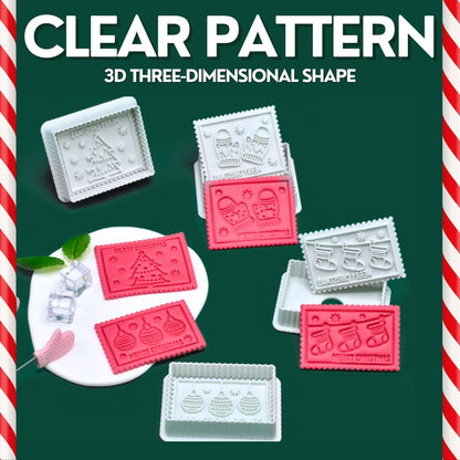 Christmas Cookie Cutters, 4-Piece 3D Merry Christmas Plastic Cookie Stamp Set, Comes with Merry Christmas in English