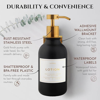 Shower Shampoo Dispenser Wall Mounted – Refillable 16.9 oz Black Bottle with Stainless Steel Pump & No-Drill Adhesive Holder – Soap Dispenser for Bathroom (1 X Black/Gold)