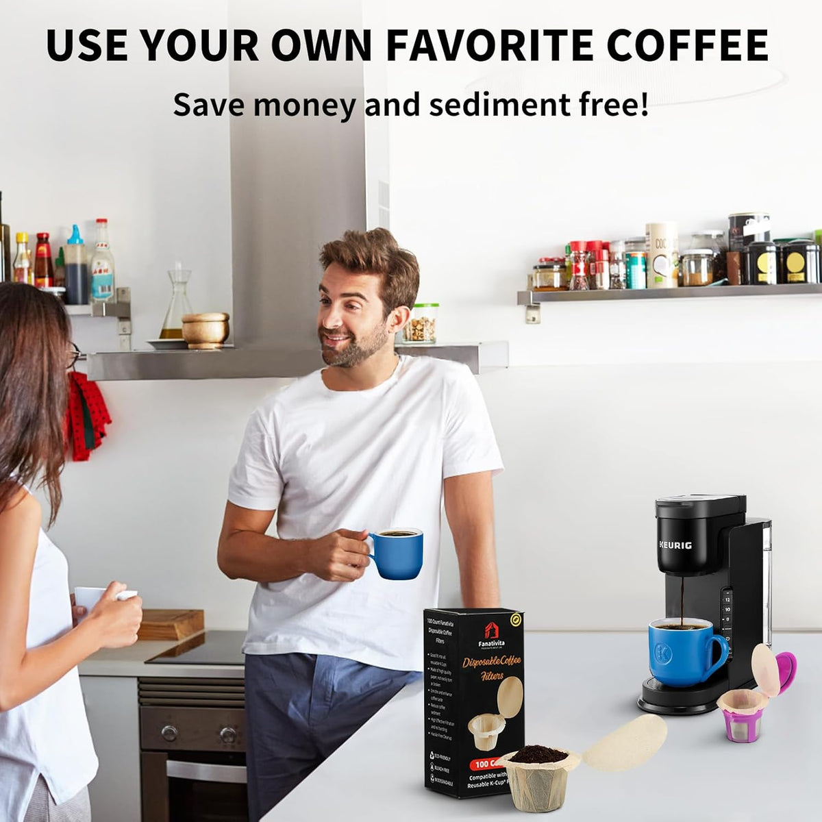 200 Count Fanativita K Cup Filters Disposable with Genius Lid Design, Fit All Reusable K Cups for Keurig (Unbleached)