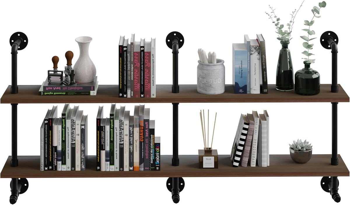 Industrial Pipe Wall Shelves Pipe Shelving with Real Wood Plank,60 Inches Floating Shelves for Wall Farmhouse Pipe Book Shelves Dark Brown 2 Tier for