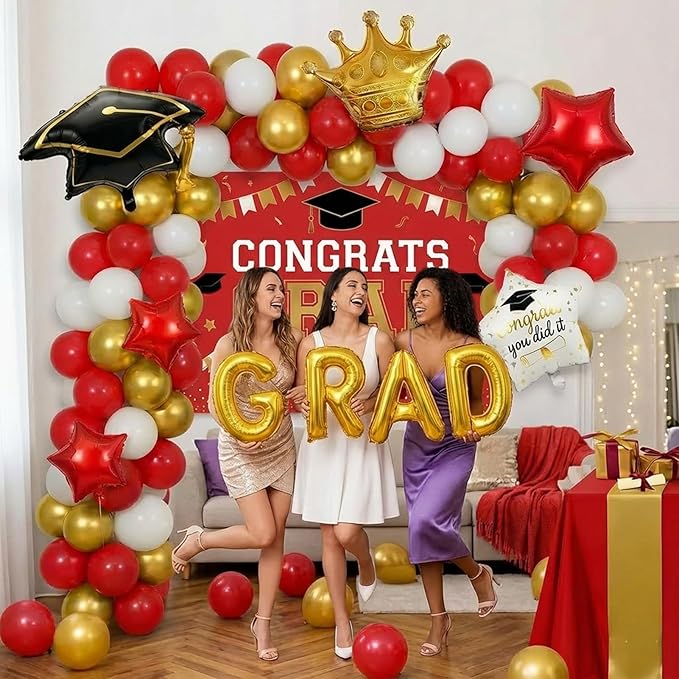 Red White Gold Balloon Garland Arch Kit with backdrop Stars Graduation Cap crown GRAD Letters Mylar Balloons for 2026 graduate Prom Decorations