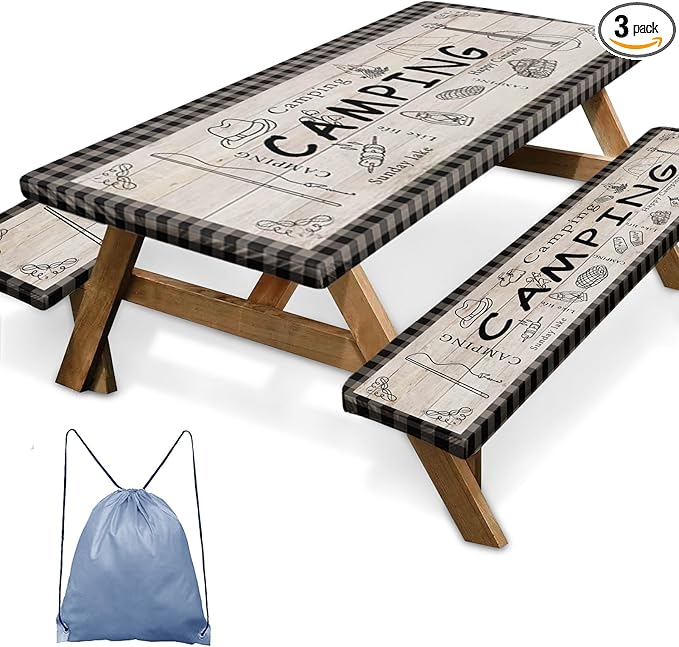 Picnic Table Cover with Bench Covers Elastic Edges, Blue Camper Fitted Table Cover, Outdoor Patio Camping Essentials 72 Inch 3PCS, Waterproof Camping Fitted Tablecloth with Drawstring Bag