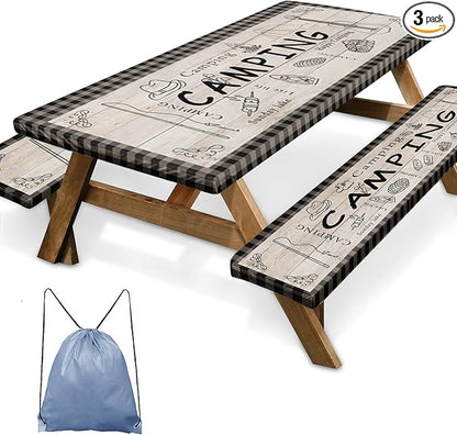 Picnic Table Cover with Bench Covers Elastic Edges, Blue Camper Fitted Table Cover, Outdoor Patio Camping Essentials 72 Inch 3PCS, Waterproof Camping Fitted Tablecloth with Drawstring Bag