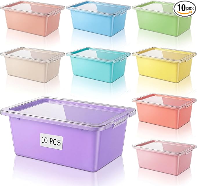 10 Pcs Cubby Bin with Clear Latching Lid Label Sticker Colored Plastic Stackable Book Storage Container for Classroom Office Home Sorting Arts Craft Desk Organizer(Macaron)