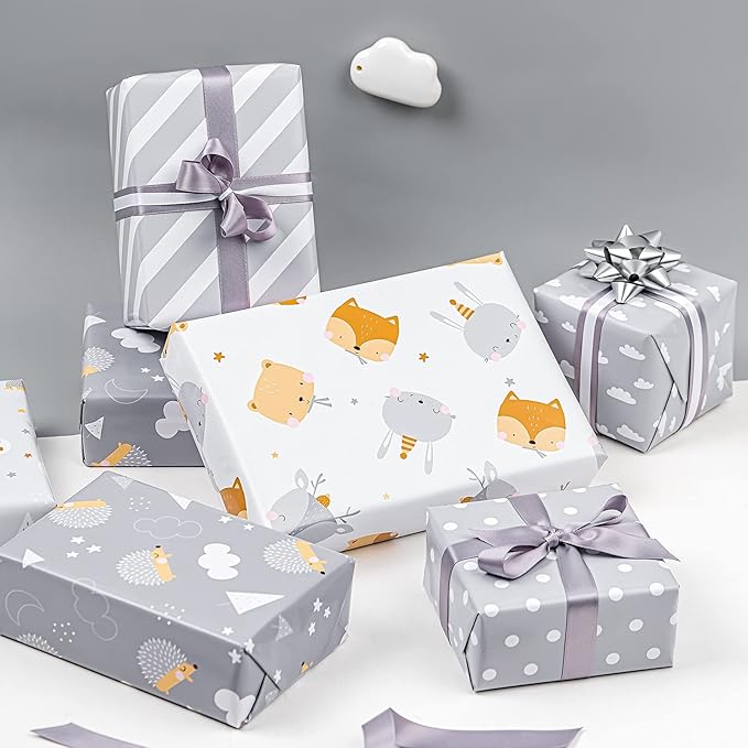 WRAPAHOLIC Reversible Baby Shower Wrapping Paper Roll - Mini Roll - 3 Rolls - 17 Inch x 120 Inch Per Roll - Cute Hedgehog, Animals & Baby Lettering Design for Neutral Baby Shower