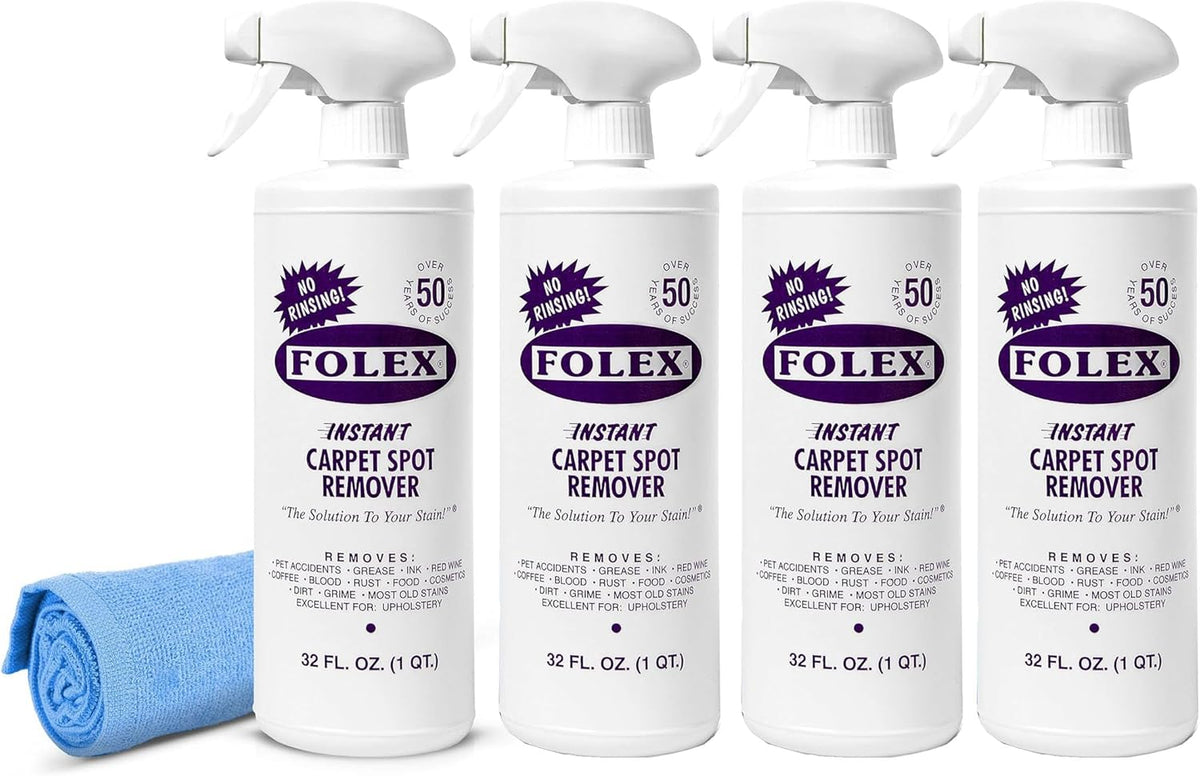 FOLEX Instant Carpet Spot Remover 32 oz – Powerful Stain Remover for Carpets, Upholstery & Rugs – Eliminates Pet Stains, Grease, Red Wine, Food, Makeup & More – With Reusable Cleaning Cloth – 4 Pack