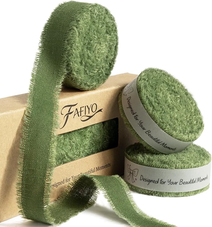 Moss Green Cotton Ribbon 5/8 Inch Moss Green 3 Rolls 21 Yards Frayed Edge Fabric Set for Rustic Wedding Decor, Bridal Bouquet Wrap, Woodland Theme Party, Baby Shower & Wreath Making