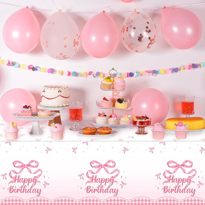NatNarr 3 Pack Coquette Pink Bow Plastic Tablecloth, 54 X 108Inch Disposable Happy Birthday Table Cloth for Rectangle Tables Waterproof Table Cover for Girls Bridal Wedding Birthday Party