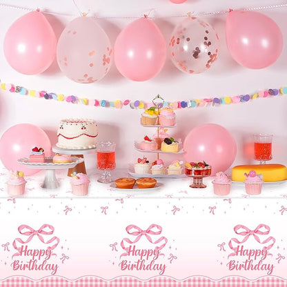 NatNarr 3 Pack Coquette Pink Bow Plastic Tablecloth, 54 X 108Inch Disposable Happy Birthday Table Cloth for Rectangle Tables Waterproof Table Cover for Girls Bridal Wedding Birthday Party