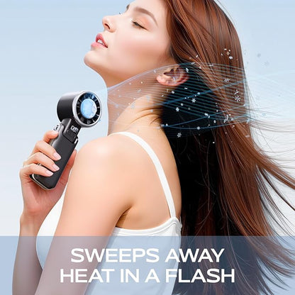 SHEWIND Portable Handheld Fan with Ice Cooling - 5 Gear High Speed Personal Turbo Fan Rechargeable, Up to 13 Hrs, Mini Hand Fans for Travel Essentials, Beach Vacation, Gifts for Women, Men (Black)