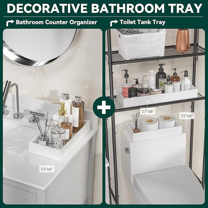 Lixple Bamboo Drawer Organizer, Extra Large Silverware Organizer for Kitchen Drawer, Stackable Utensil Organizer, 2 Pcs Toilet Tank Topper Tray, Wooden Toilet Paper Basket (White, 17 X 6 X 2 Inch)