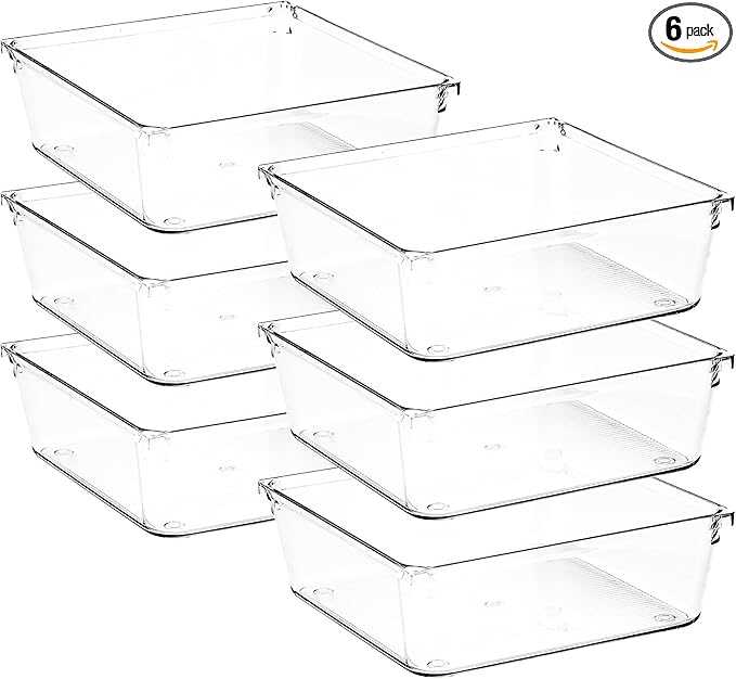 6 Pack Drawer Organizer - 6" X 6" Clear Acrylic Storage Bins with Non-Slip Pads, Versatile Desk Tray for Makeup, Jewelry, Kitchen, Bathroom, and Office Organization