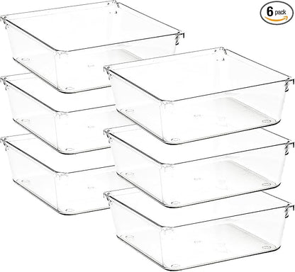 6 Pack Drawer Organizer - 6" X 6" Clear Acrylic Storage Bins with Non-Slip Pads, Versatile Desk Tray for Makeup, Jewelry, Kitchen, Bathroom, and Office Organization