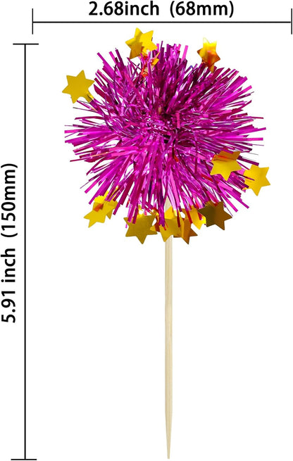 Ephlyn 30Pcs Foil Firework Cupcake Toppers Party Birthday Cake Toppers Supplies Sparkle Tinsel Cocktail Fruit Toothpick for Birthday Wedding Graduation Party Purple
