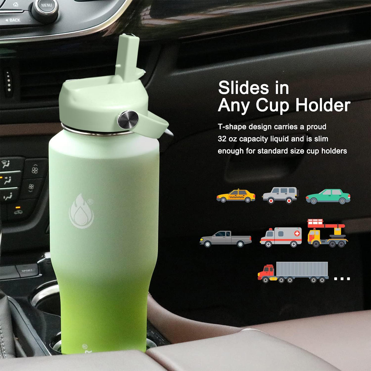 Sendestar 32oz Water Bottle Wide Mouth Stainless Steel Vacuum Insulated Double Wall with 2 Straw Lids Fit in Any Car Cup Holder TXIN-32-GG-1