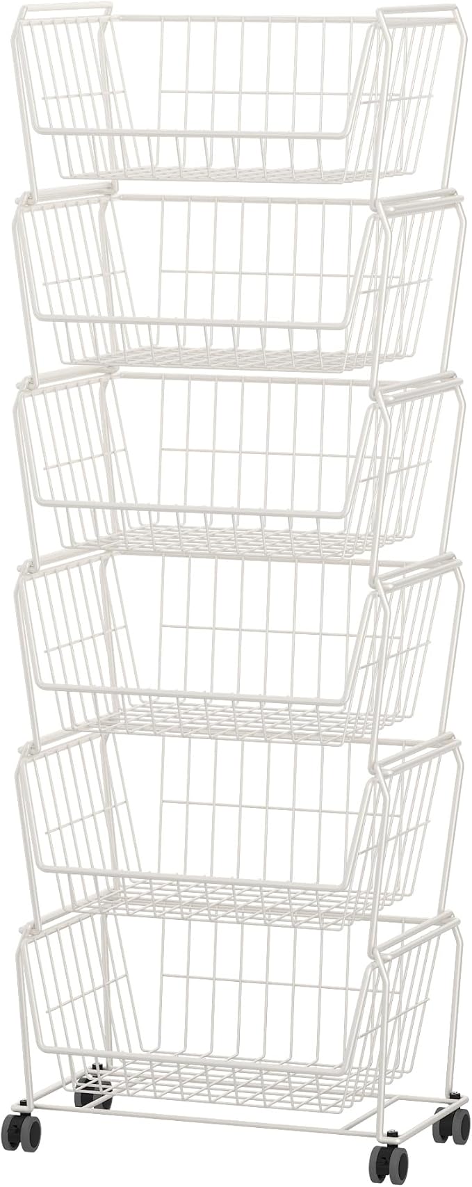 PUSDON 6-Tier Tall Stackable Wire Storage Baskets with Wheels, Vertical Metal Rolling Utility Cart, High Capacity Produce Basket for Kitchen Pantry, Snack Organizer, Classic White