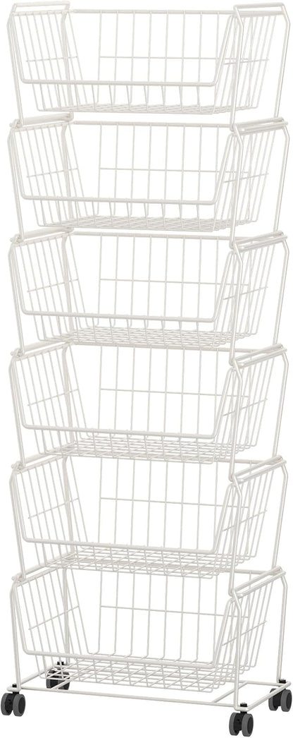 PUSDON 6-Tier Tall Stackable Wire Storage Baskets with Wheels, Vertical Metal Rolling Utility Cart, High Capacity Produce Basket for Kitchen Pantry, Snack Organizer, Classic White