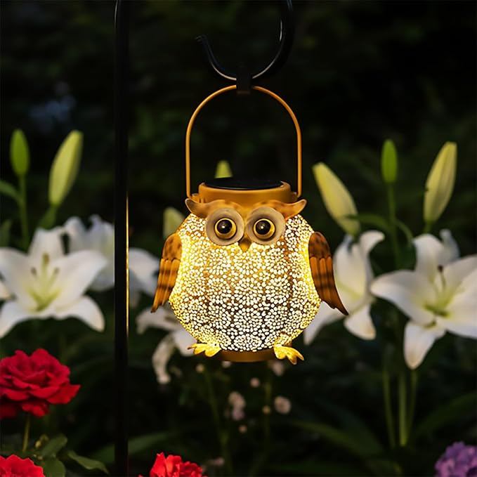 Hanging Solar Lanterns - Garden Light Waterproof Metal Decorative Solar Lantern Lights Outdoor for Patio Yard Table Pathway (1 Pack Yellow owl Lantern)