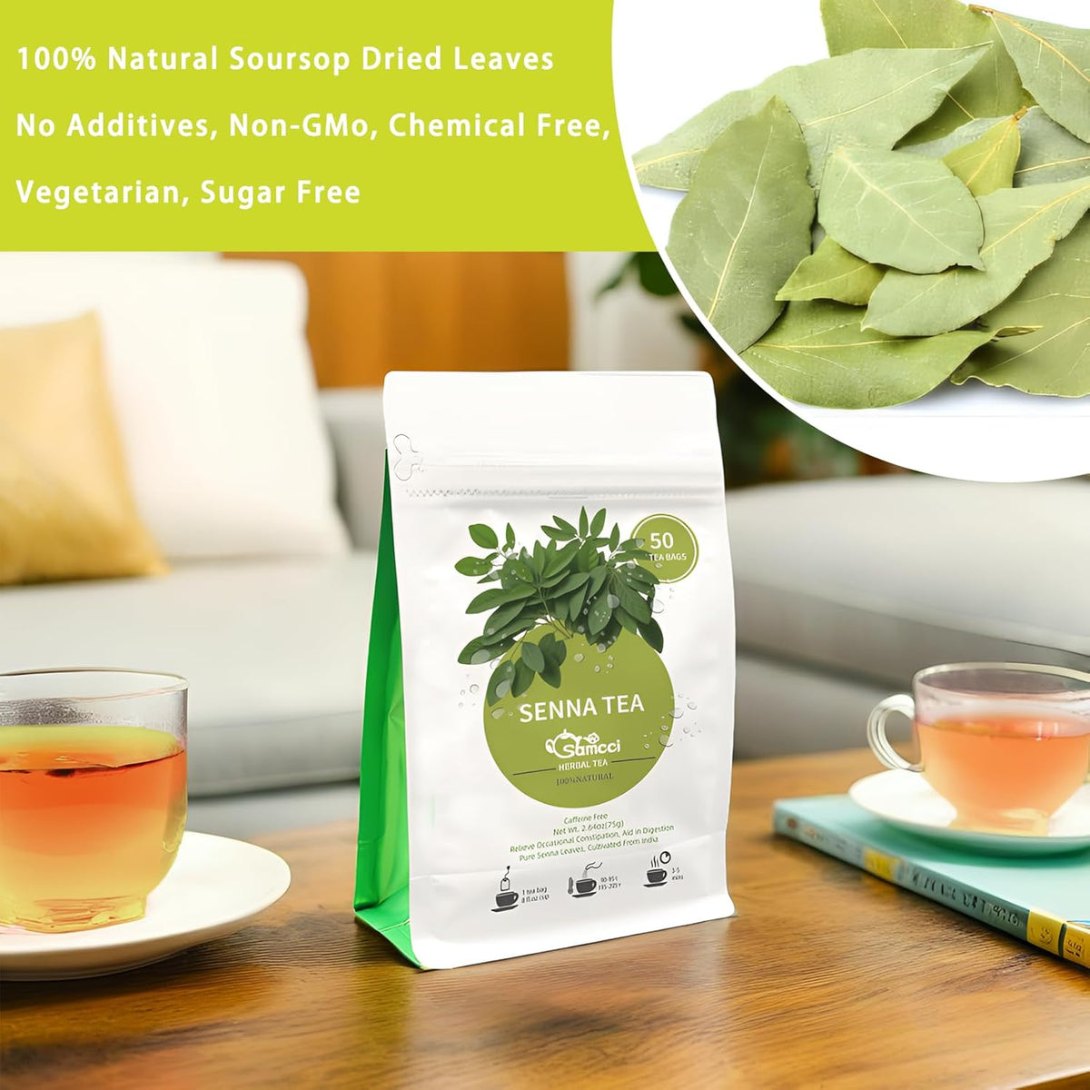 Samcci - Senna Tea, 50 Teabags, 1.5g/bag - Senna Leaf Tea for Constipation -Digestive - Poop for Promoting Digestion - Colon Cleanse -Non-GMO