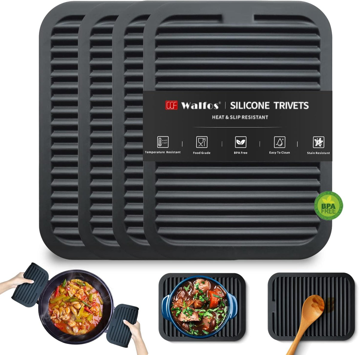 Walfos Trivets for Hot Dishes, Multi-Purpose Silicone Trivet, Heat Resistant Pot Holders for Kitchen, Non-Slip Hot Pads for Hot Pots and Pans, Quartz Countertops, 4 Pack, Black
