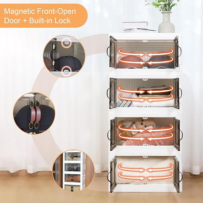 MOONEDGE 35QT Plastic Stackable Storage Bins with Lids, Collapsible Organizer with Magnetic Doors & Hidden Locking Handles, Storage Cabinet for Pet, Closet, Living Room, Pantry & Office Organization